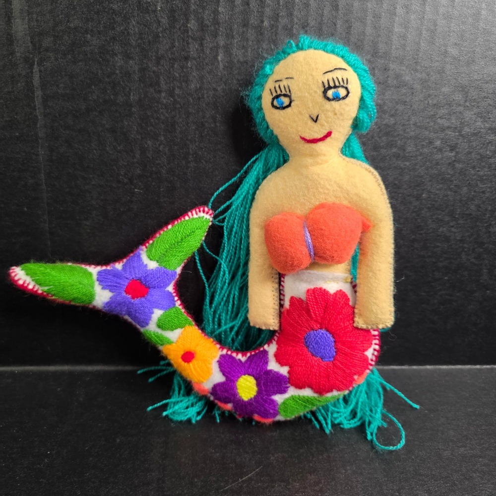 Handmade Mexican Folk Art Mermaid Plush Doll Teal Hair Floral Embroidery